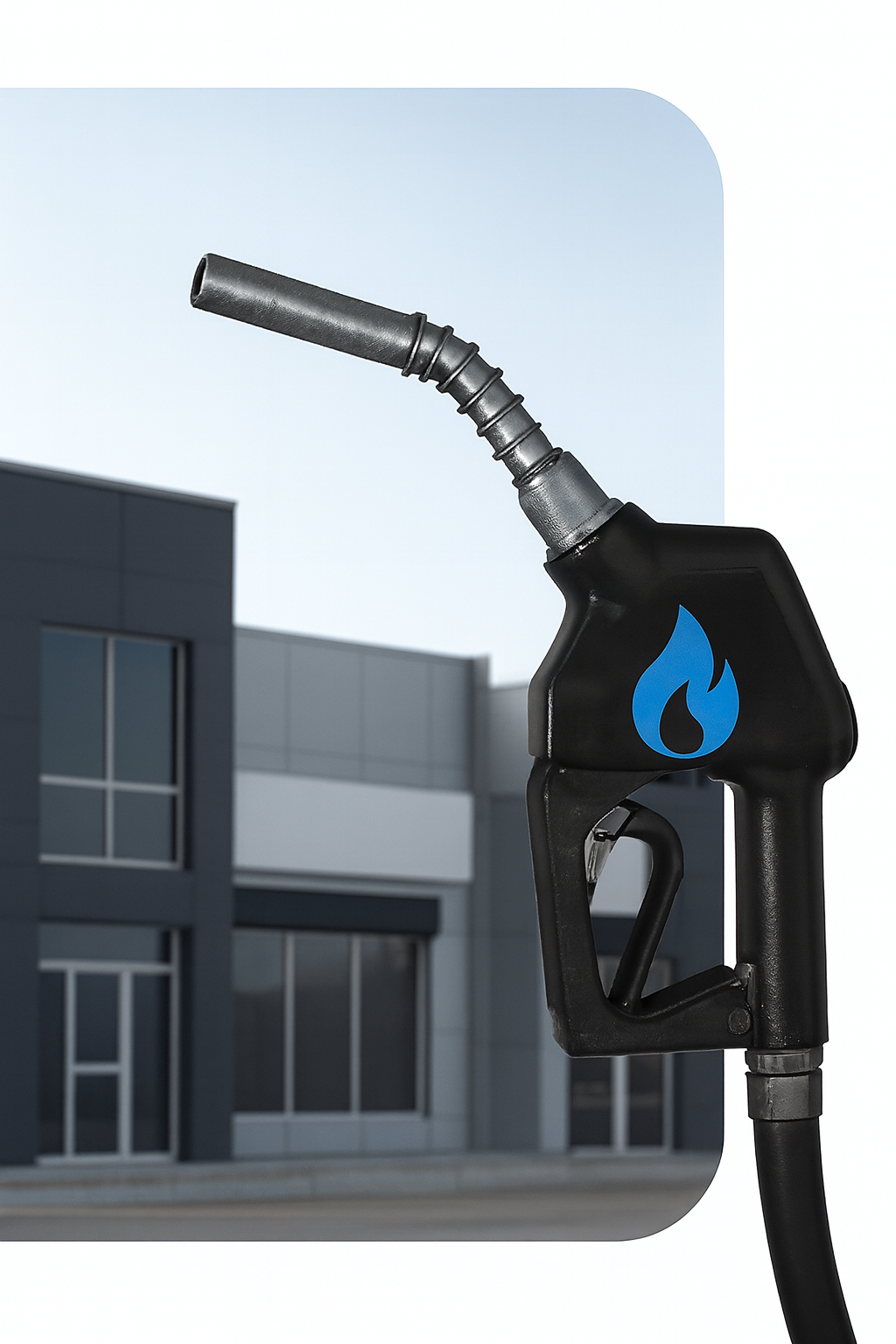 Bico de combustível e prédio comercial